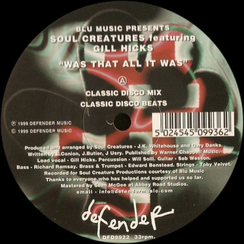 12" Single: Blue Productions, The Soul Creatures, Gill Hicks - Was That All It Was