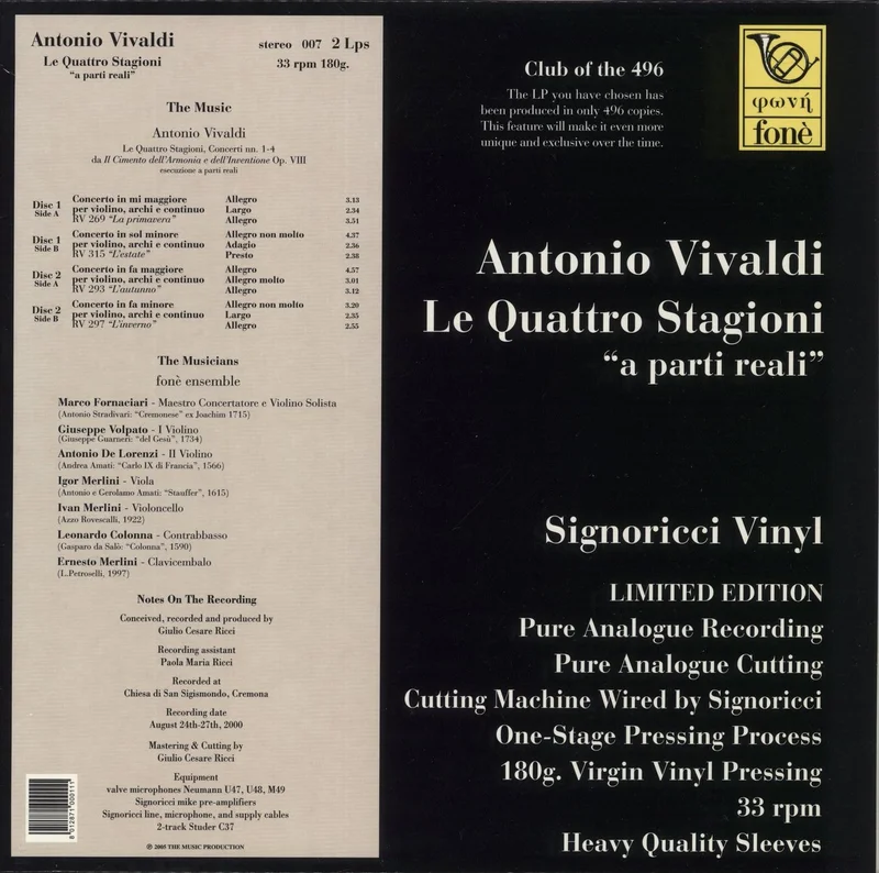 Antonio Vivaldi Le Quattro Stagioni "A Parti Reali" - 180gm Vinyl Italian 2-LP vinyl set