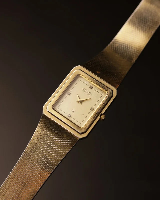 Citizen Quartz Vintage Dress Watch  Gold Mesh, Diamond Markers (1980s) [27x31mm]